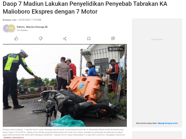 Daop 7 Madiun Lakukan Penyelidikan Penyebab Tabrakan KA Malioboro Ekspres dengan 7 Motor