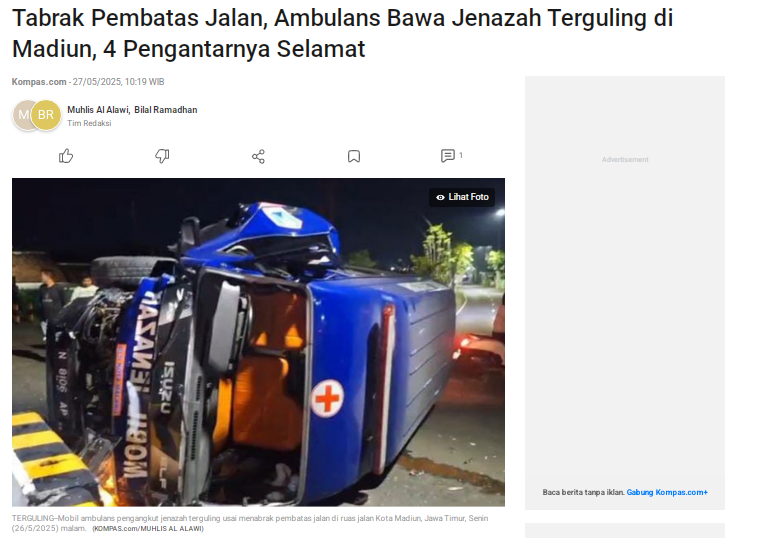Tabrak Pembatas Jalan, Ambulans Bawa Jenazah Terguling di Madiun, 4 Pengantarnya Selamat