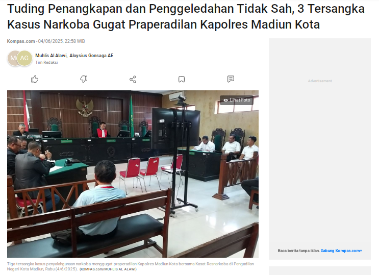 Tuding Penangkapan dan Penggeledahan Tidak Sah, 3 Tersangka Kasus Narkoba Gugat Praperadilan Kapolres Madiun Kota