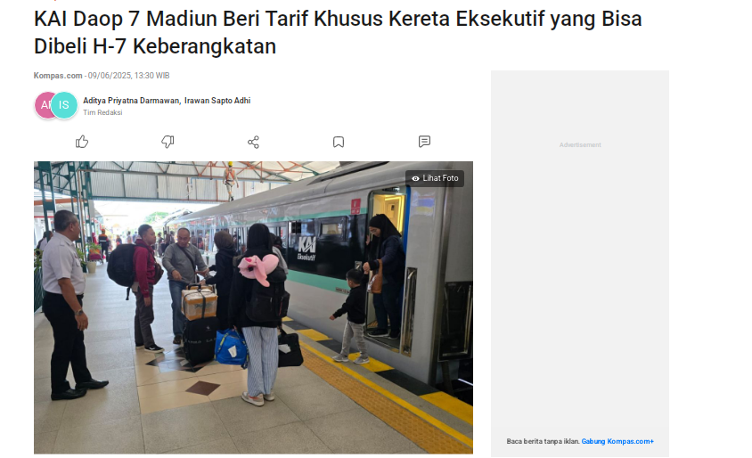 KAI Daop 7 Madiun Beri Tarif Khusus Kereta Eksekutif yang Bisa Dibeli H-7 Keberangkatan