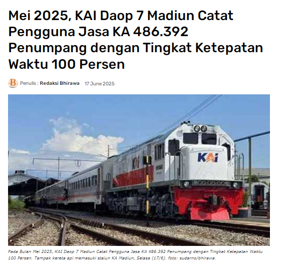 Mei 2025, KAI Daop 7 Madiun Catat Pengguna Jasa KA 486.392 Penumpang dengan Tingkat Ketepatan Waktu 100 Persen