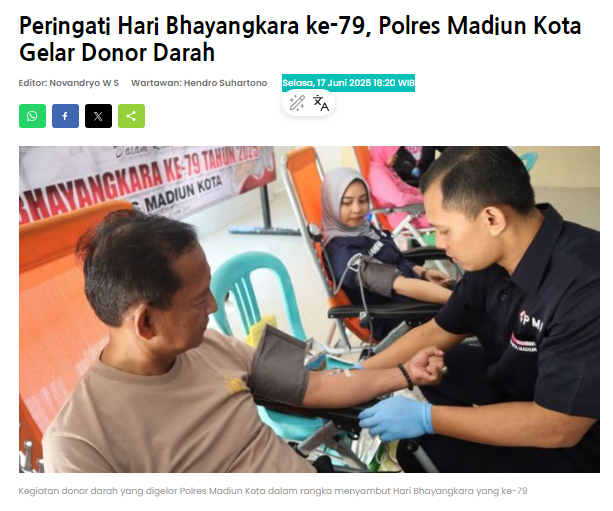 Peringati Hari Bhayangkara ke-79, Polres Madiun Kota Gelar Donor Darah
