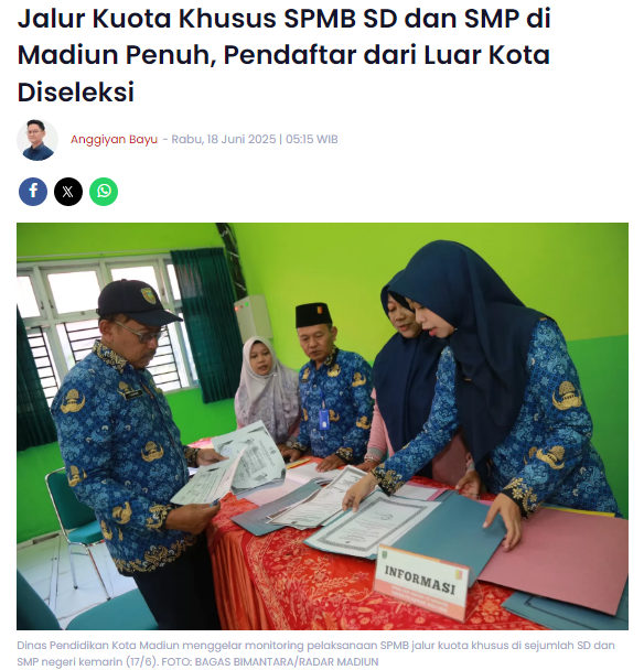 Jalur Kuota Khusus SPMB SD dan SMP di Madiun Penuh, Pendaftar dari Luar Kota Diseleksi