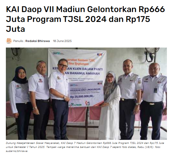 KAI Daop VII Madiun Gelontorkan Rp666 Juta Program TJSL 2024 dan Rp175 Juta