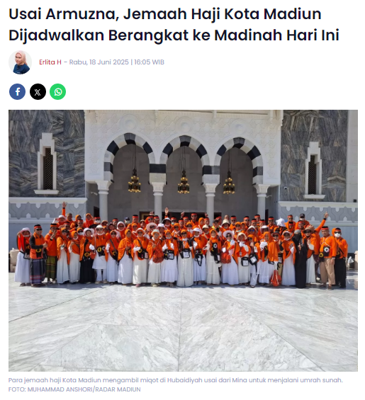 Usai Armuzna, Jemaah Haji Kota Madiun Dijadwalkan Berangkat ke Madinah Hari Ini