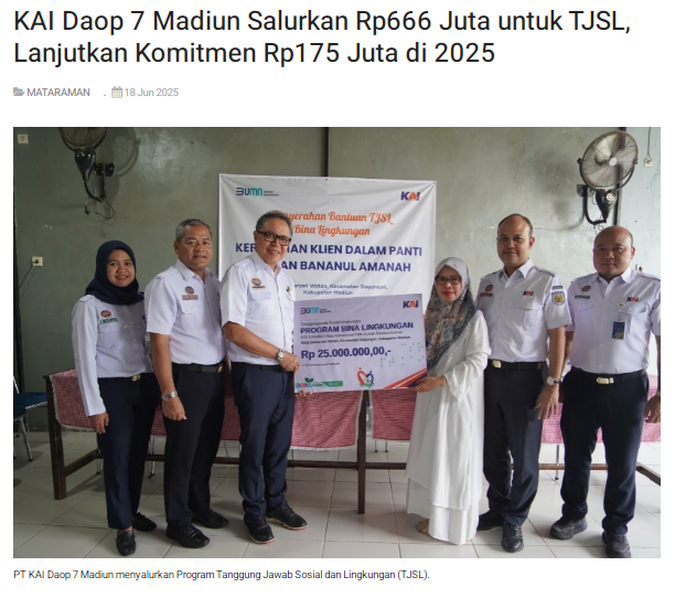 KAI Daop 7 Madiun Salurkan Rp666 Juta untuk TJSL, Lanjutkan Komitmen Rp175 Juta di 2025