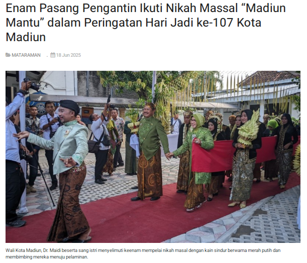 Enam Pasang Pengantin Ikuti Nikah Massal Madiun Mantu dalam Peringatan Hari Jadi ke-107 Kota Madiun