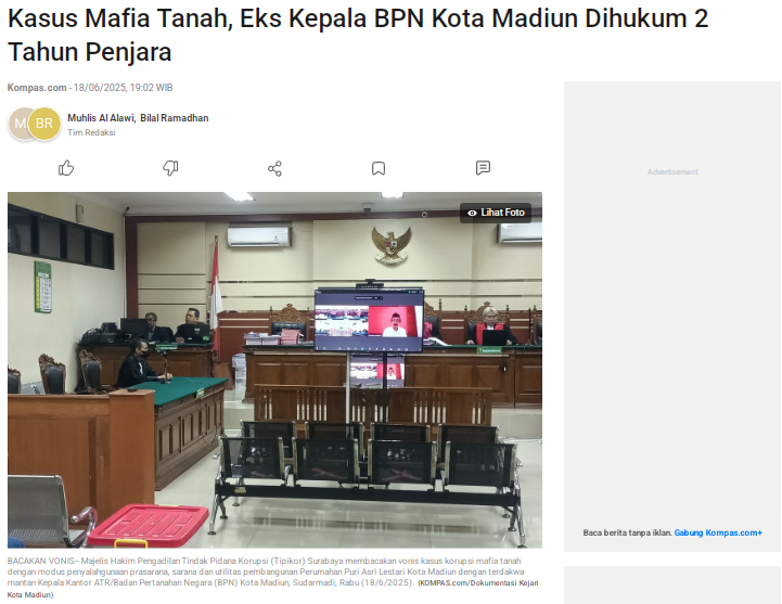 Kasus Mafia Tanah, Eks Kepala BPN Kota Madiun Dihukum 2 Tahun Penjara