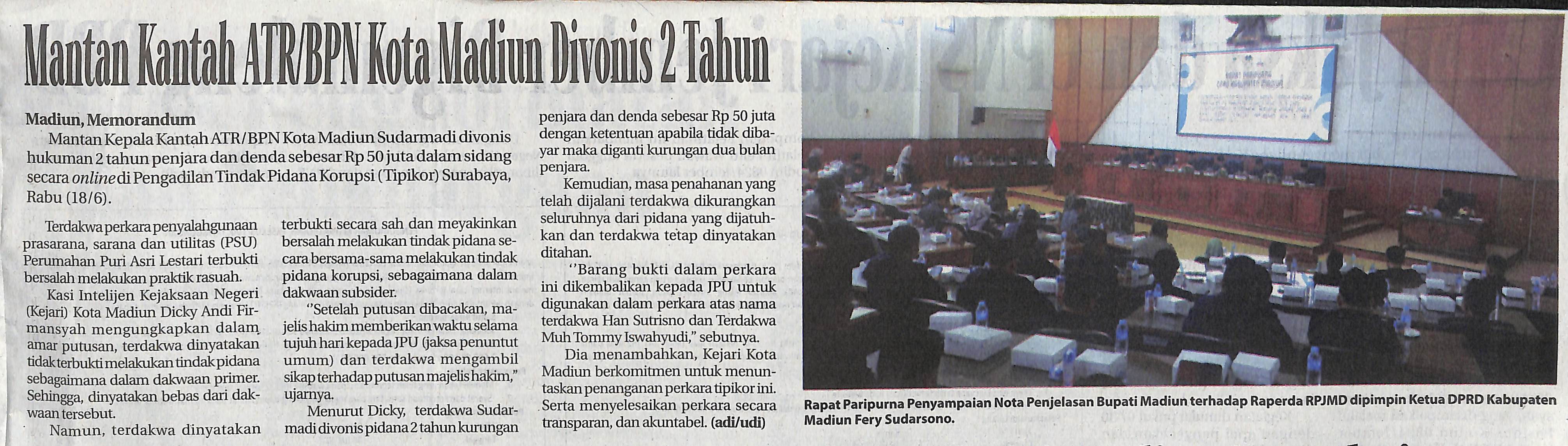 Mantan Kantah ATR/BPN Kota Madiun Divonis 2 Tahun