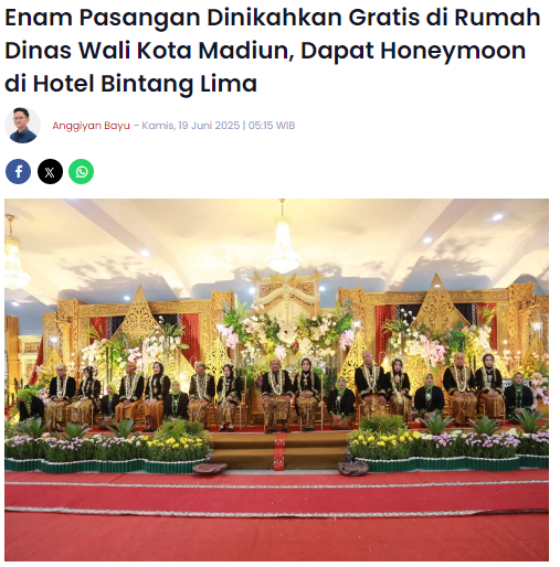 Enam Pasangan Dinikahkan Gratis di Rumah Dinas Wali Kota Madiun, Dapat Honeymoon di Hotel Bintang Lima