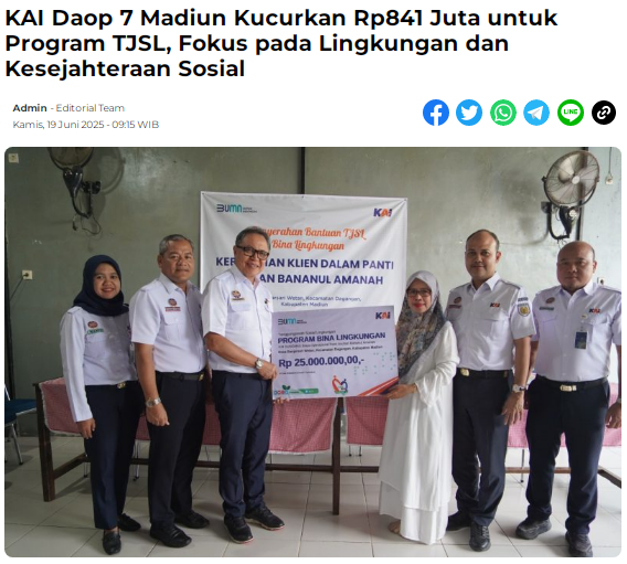 KAI Daop 7 Madiun Kucurkan Rp841 Juta untuk Program TJSL, Fokus pada Lingkungan dan Kesejahteraan Sosial
