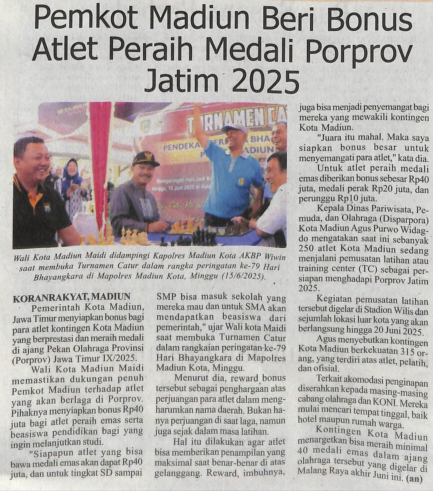 Pemkot Madiun Beri Bonus Atlet Peraih Medali Porprov Jatim 2025