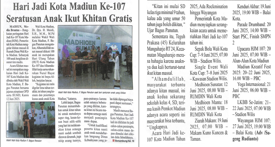 Hari Jadi Kota Madiun Ke-107 Seratusan Anak Ikut Khitan Gratis
