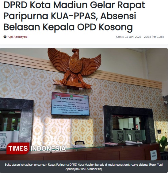 DPRD Kota Madiun Gelar Rapat Paripurna KUA-PPAS, Absensi Belasan Kepala OPD Kosong