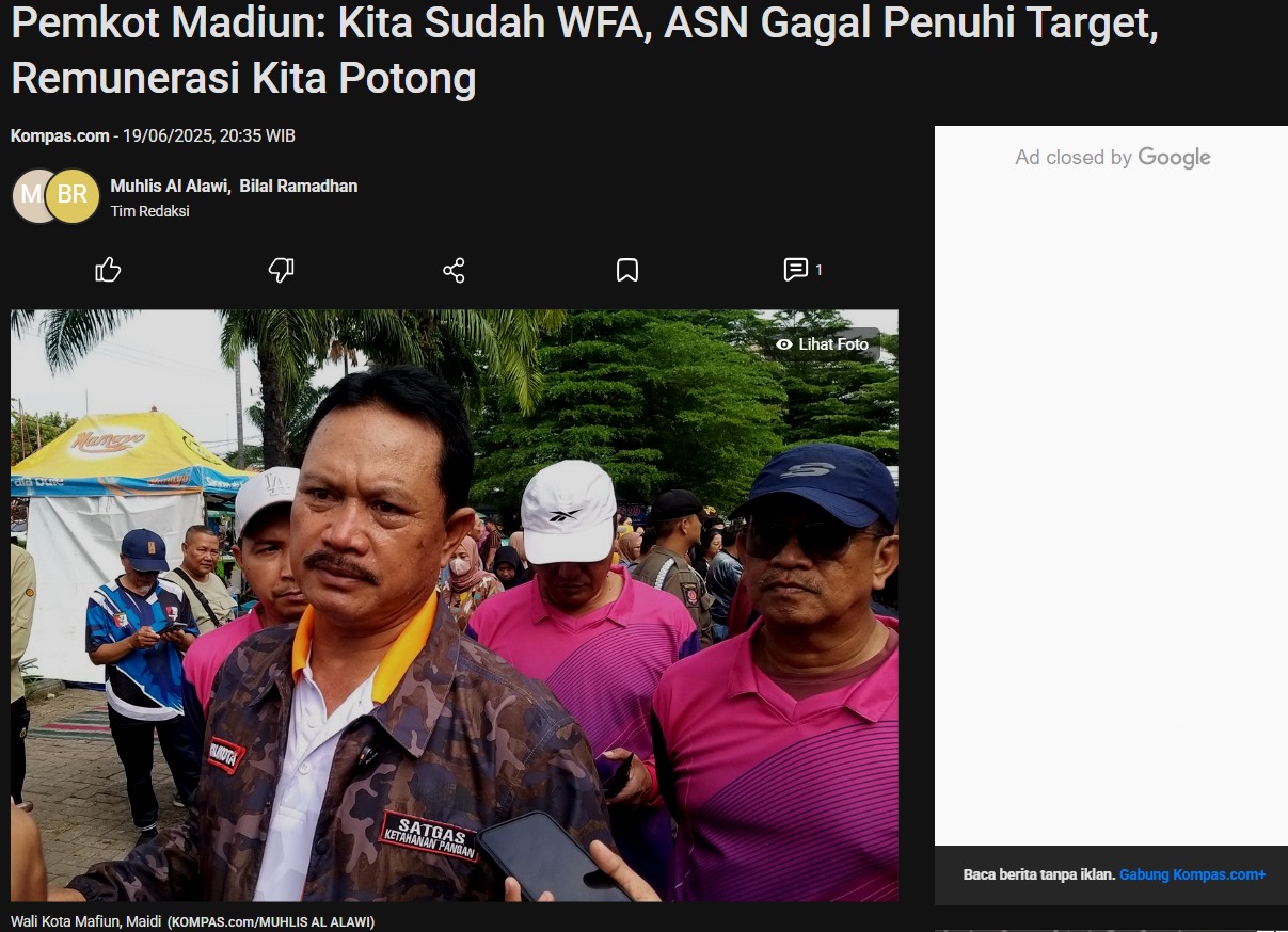 Pemkot Madiun, Kita Sudah WFA, ASN Gagal Penuhi Target, Remunerasi Kita Potong
