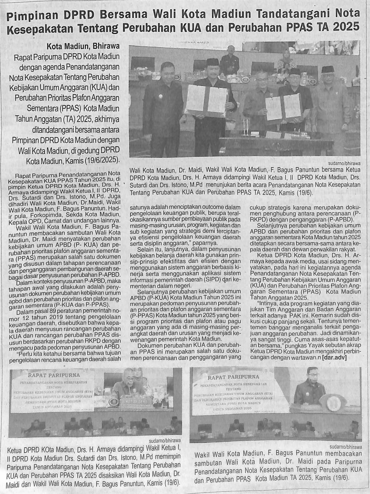 Pimpinan DPRD Bersama Wali Kota Madiun Tandatangani Nota Kesepakatan Tentang Perubahan KUA dan Perubahan PPAS TA 2025
