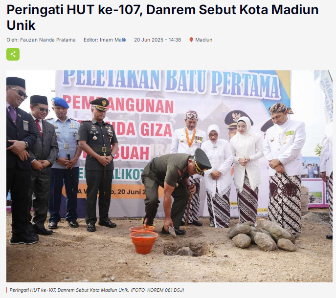 Peringati HUT ke-107, Danrem Sebut Kota Madiun Unik