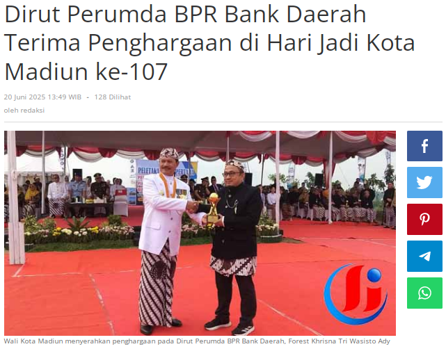 Dirut Perumda BPR Bank Daerah Terima Penghargaan di Hari Jadi Kota Madiun ke-107