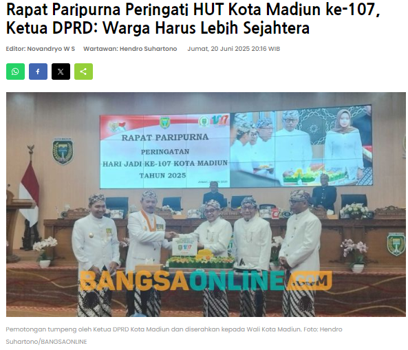 Rapat Paripurna Peringati HUT Kota Madiun ke-107, Ketua DPRD Warga Harus Lebih Sejahtera