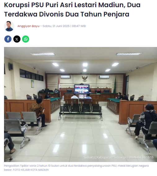 Korupsi PSU Puri Asri Lestari Madiun, Dua Terdakwa Divonis Dua Tahun Penjara