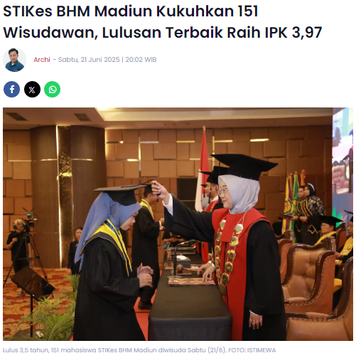 STIKes BHM Madiun Kukuhkan 151 Wisudawan, Lulusan Terbaik Raih IPK 3,97