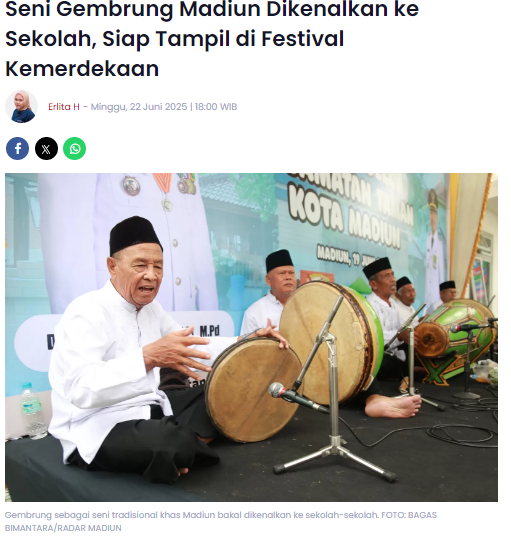 Seni Gembrung Madiun Dikenalkan ke Sekolah, Siap Tampil di Festival Kemerdekaan