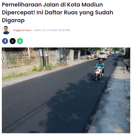 Pemeliharaan Jalan di Kota Madiun Dipercepat, Ini Daftar Ruas yang Sudah Digarap