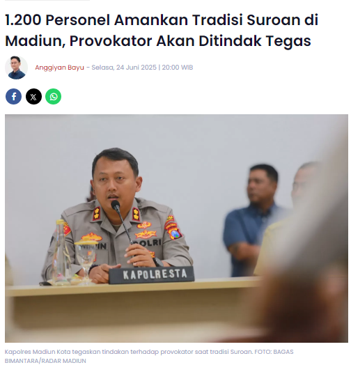1.200 Personel Amankan Tradisi Suroan di Madiun, Provokator Akan Ditindak Tegas