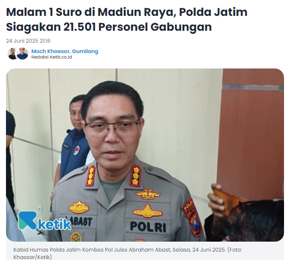 Malam 1 Suro di Madiun Raya, Polda Jatim Siagakan 21.501 Personel Gabungan