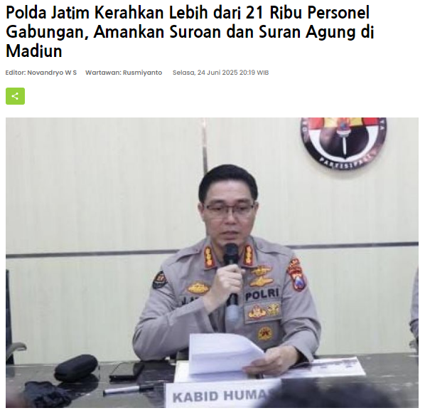 Polda Jatim Kerahkan Lebih dari 21 Ribu Personel Gabungan, Amankan Suroan dan Suran Agung di Madiun
