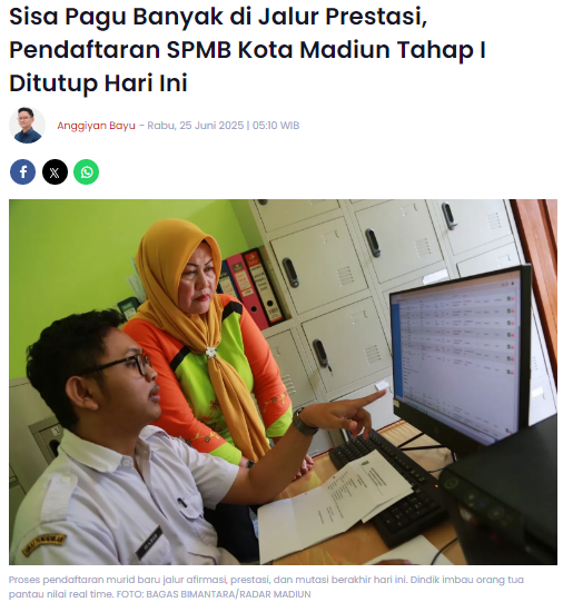 Sisa Pagu Banyak di Jalur Prestasi, Pendaftaran SPMB Kota Madiun Tahap I Ditutup Hari Ini