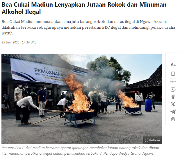 Bea Cukai Madiun Lenyapkan Jutaan Rokok dan Minuman Alkohol Ilegal