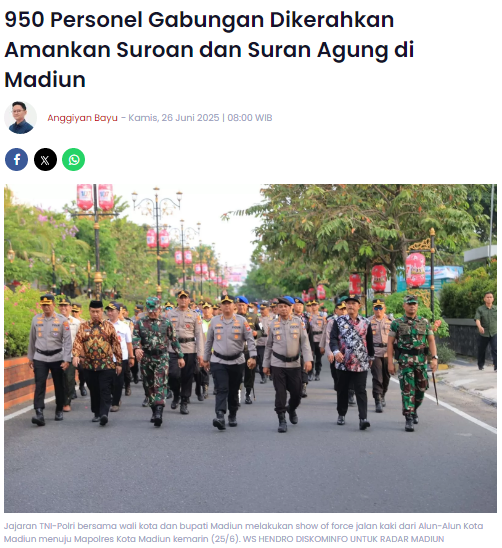 950 Personel Gabungan Dikerahkan Amankan Suroan dan Suran Agung di Madiun