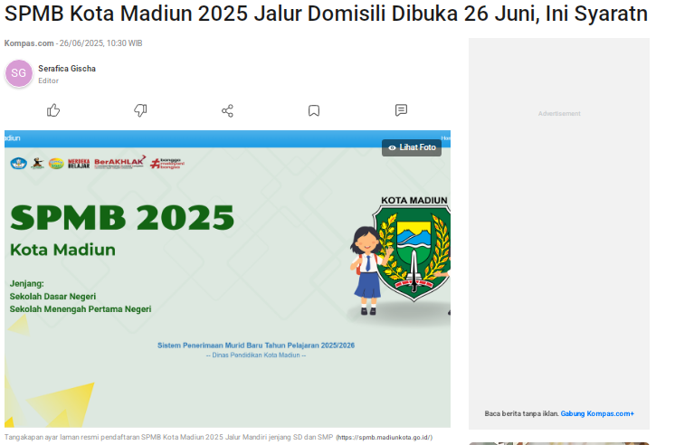 SPMB Kota Madiun 2025 Jalur Domisili Dibuka 26 Juni, Ini Syaratnya