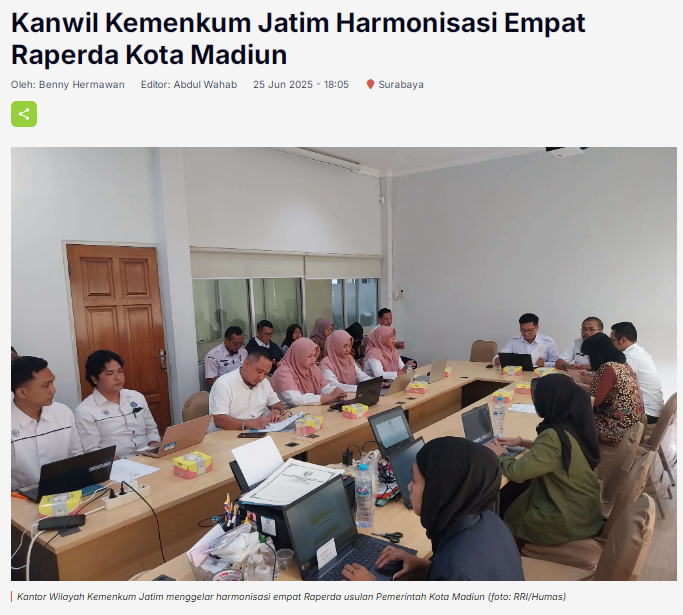 Kanwil Kemenkum Jatim Harmonisasi Empat Raperda Kota Madiun
