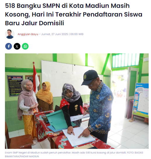 518 Bangku SMPN di Kota Madiun Masih Kosong, Hari Ini Terakhir Pendaftaran Siswa Baru Jalur Domisili
