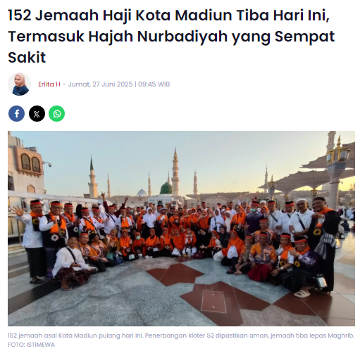 152 Jemaah Haji Kota Madiun Tiba Hari Ini, Termasuk Hajah Nurbadiyah yang Sempat Sakit