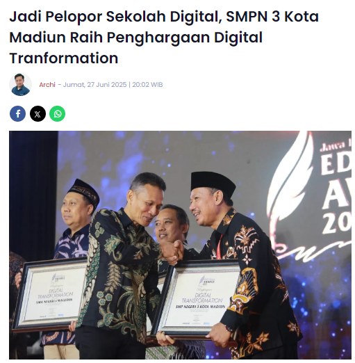 Jadi Pelopor Sekolah Digital, SMPN 3 Kota Madiun Raih Penghargaan Digital Tranformation
