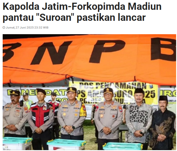 Kapolda Jatim-Forkopimda Madiun pantau Suroan pastikan lancar