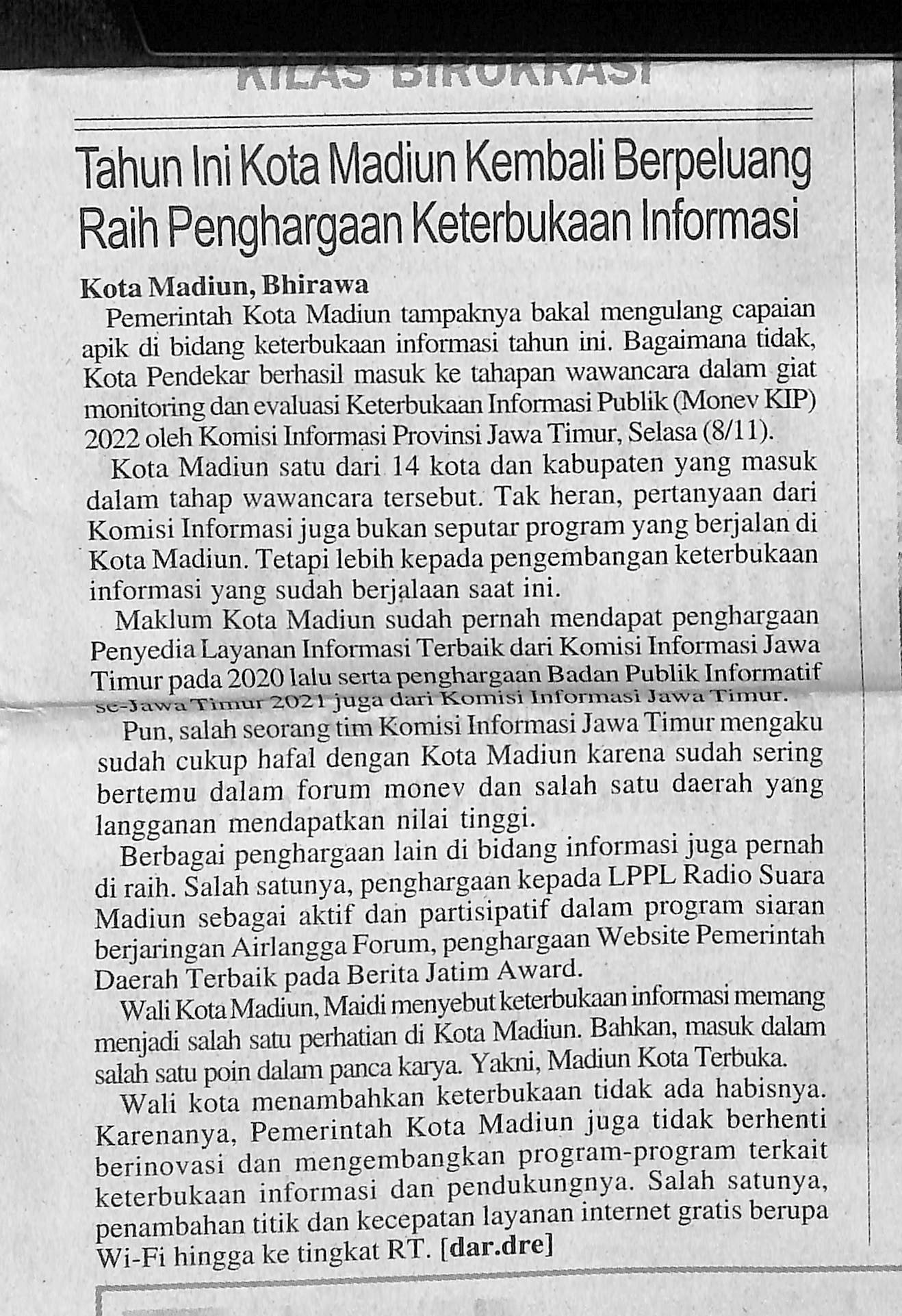 Tahun Ini Kota Madiun Kembali Berpeluang Raih Penghargaan Keterbukaan Informasi
