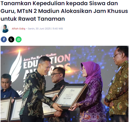 Tanamkan Kepedulian kepada Siswa dan Guru, MTsN 2 Madiun Alokasikan Jam Khusus untuk Rawat Tanaman