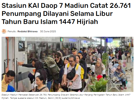 Stasiun KAI Daop 7 Madiun Catat 26.761 Penumpang Dilayani Selama Libur Tahun Baru Islam 1447 Hijriah