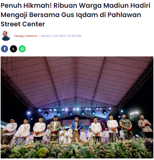 Penuh Hikmah, Ribuan Warga Madiun Hadiri Mengaji Bersama Gus Iqdam di Pahlawan Street Center