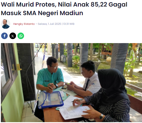 Wali Murid Protes, Nilai Anak 85,22 Gagal Masuk SMA Negeri Madiun
