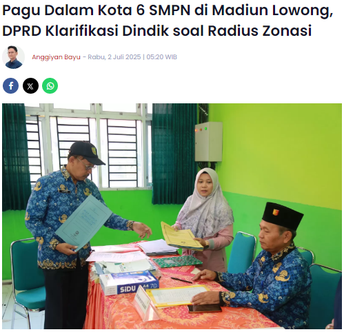 Pagu Dalam Kota 6 SMPN di Madiun Lowong, DPRD Klarifikasi Dindik soal Radius Zonasi