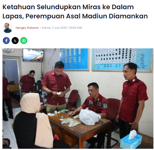 Ketahuan Selundupkan Miras ke Dalam Lapas, Perempuan Asal Madiun Diamankan