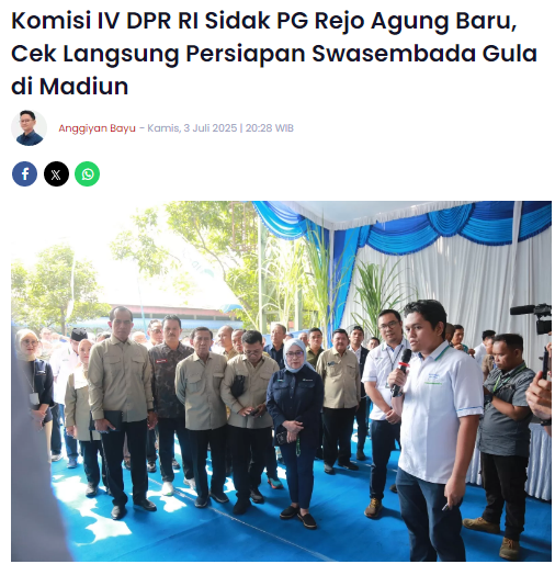 Komisi IV DPR RI Sidak PG Rejo Agung Baru, Cek Langsung Persiapan Swasembada Gula di Madiun