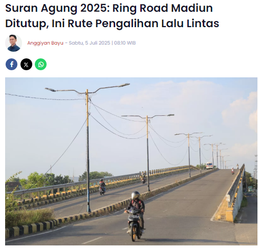Suran Agung 2025, Ring Road Madiun Ditutup, Ini Rute Pengalihan Lalu Lintas