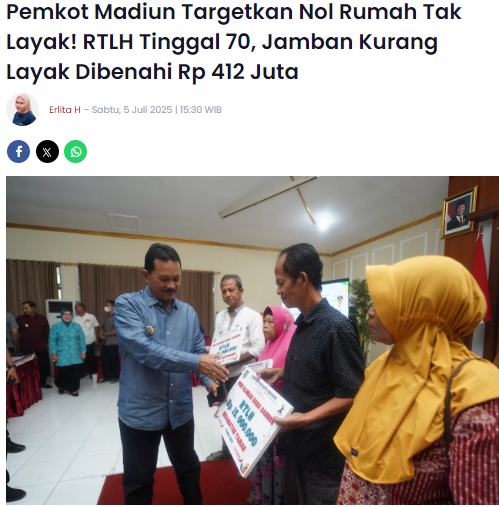 Pemkot Madiun Targetkan Nol Rumah Tak Layak, RTLH Tinggal 70, Jamban Kurang Layak Dibenahi Rp 412 Juta