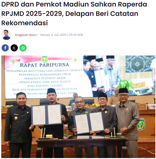 DPRD dan Pemkot Madiun Sahkan Raperda RPJMD 2025-2029, Delapan Beri Catatan Rekomendasi